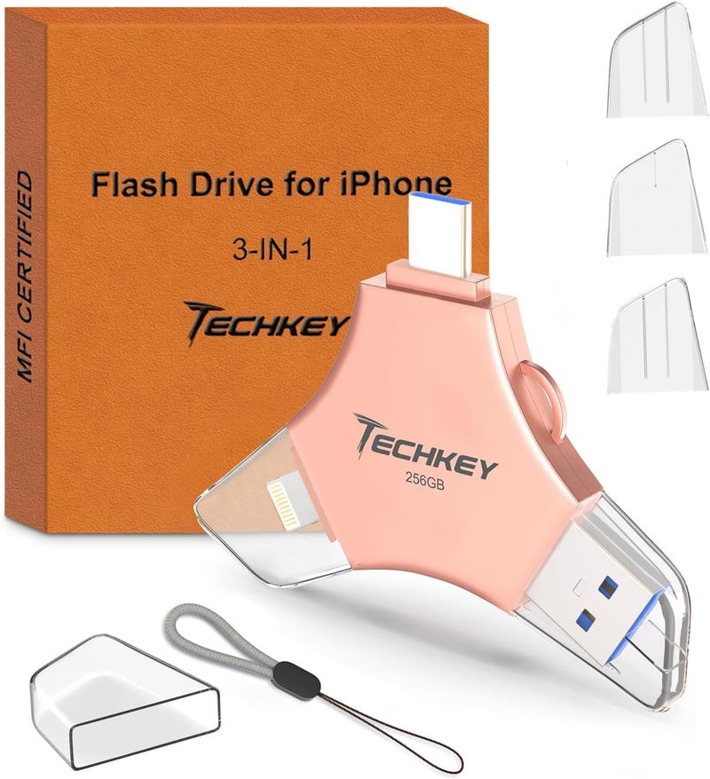 TECHKEY USB 3.0 Flash Drive for iPhone 256GB: MFi Certified 3in1 External Memory Photo Keeper Storage Stick for Picture/Video/Data Saver/Backup High Speed Thumb/Jump/Hard Drive for iPad/Android/PC -Pink - Image 1